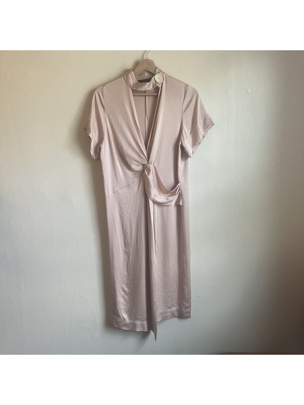 Zara Satin Wrap Midi Dress Mock Neck Cut Out V Neck Office Siren Chic XSmall